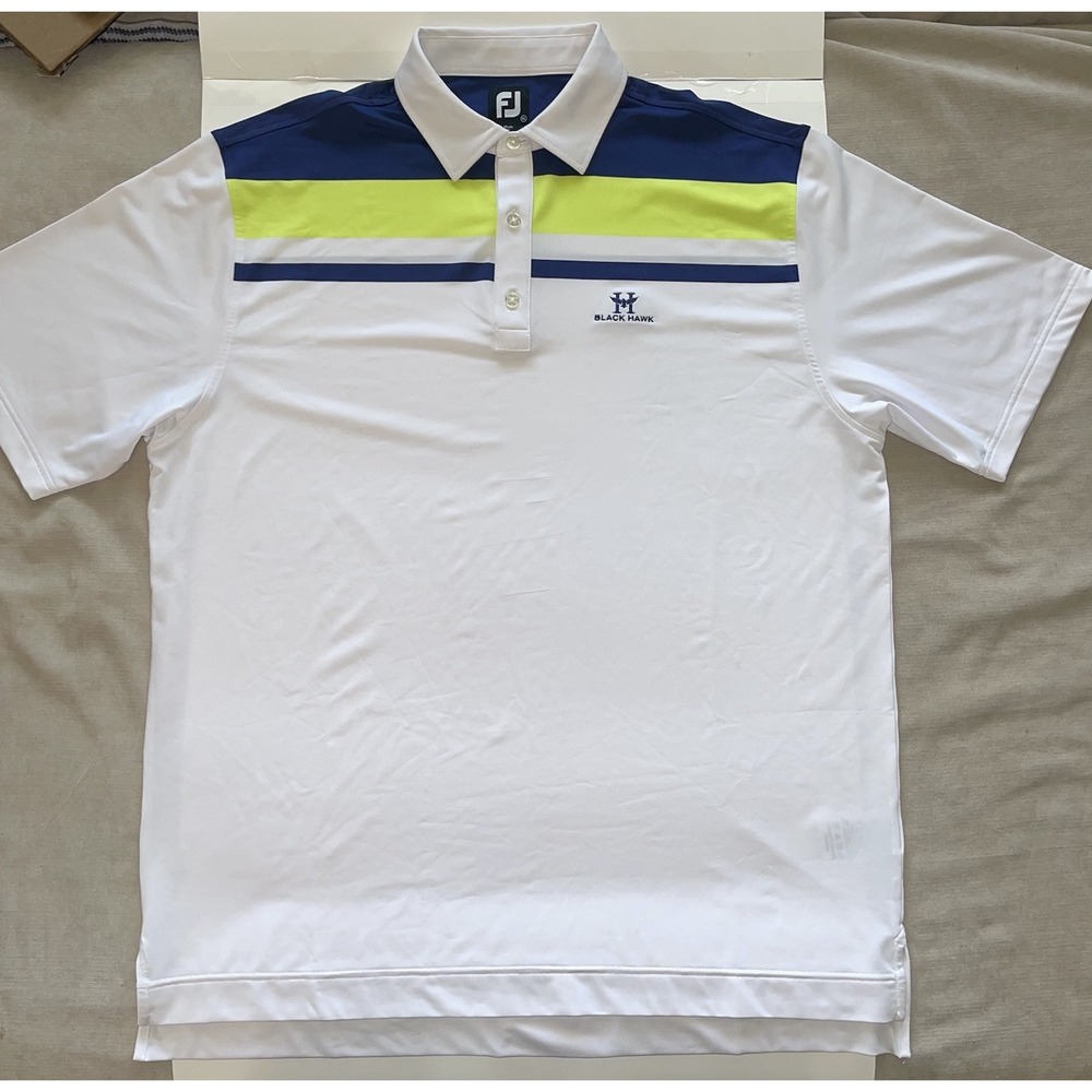 Foot Joy FJ Golf Polo Shirt Mens XL White Blue Green Stretch W/Black Hawk Logo‎